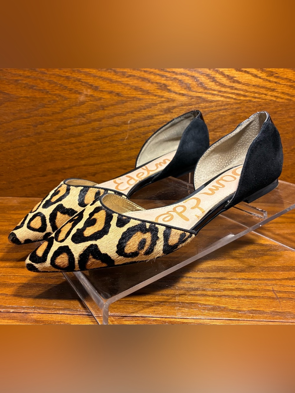 Sam Edelman Calf Hair Leopard Print Black Suede Patent d’Orsay Flats Size 7
